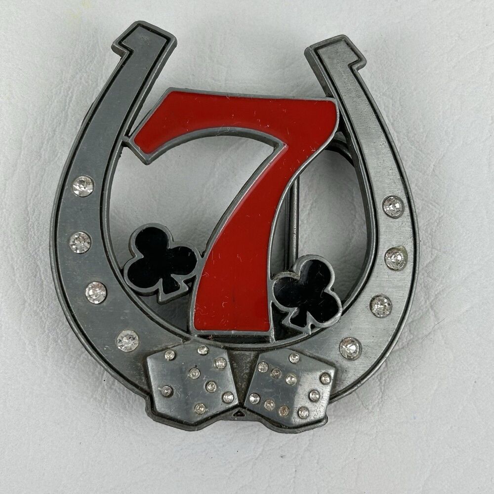 Vintage Lucky 7 Horseshoe Belt Buckle Dice Rhinestones Clubs Gambler Casino